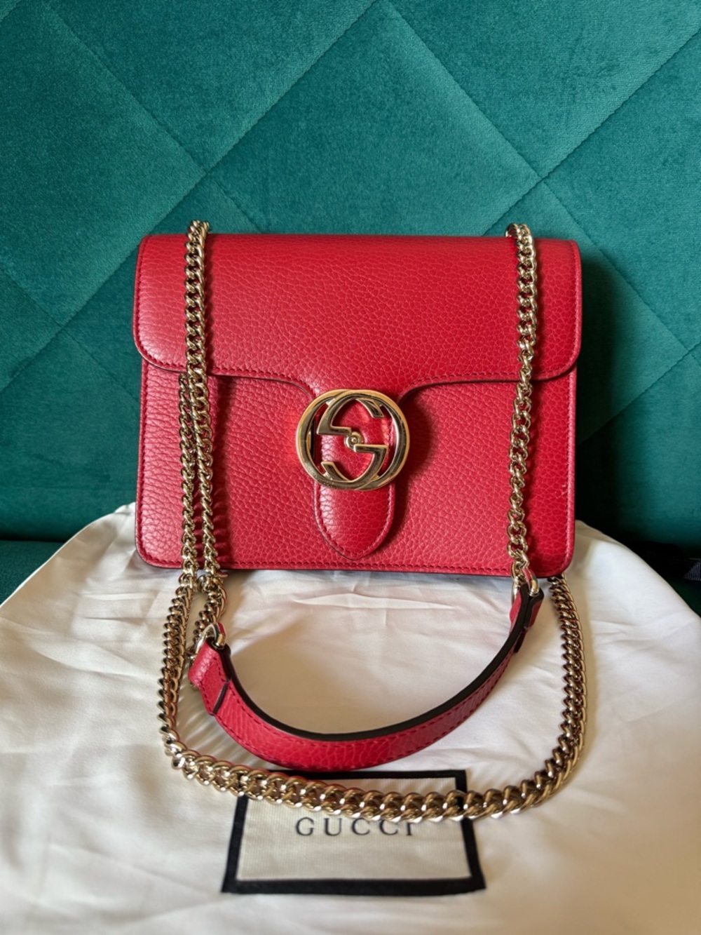 Gucci GG Organ Small Red Leather Shoulder Bag Crossbody Gold Chain Authentic